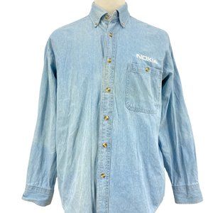Vintage Casa Del Mar Men's Retrp Denim Nokia Logo Blue Long Sleeve Shirt Size M
